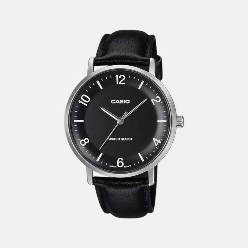 Casio A2408 Men’s Quartz Analog Watch with Black Dial, Black Leather Strap
