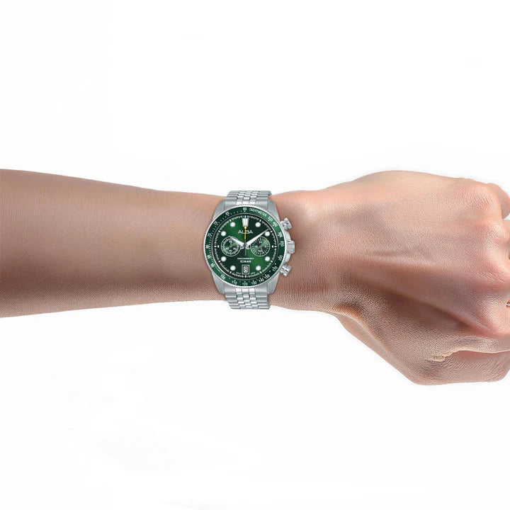 Alba A4B029X1 Men's Quartz Chronograph Watch Deep Green Dial Silver Stainless Steel Bracelet