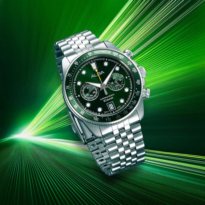 Alba A4B029X1 Men's Quartz Chronograph Watch Deep Green Dial Silver Stainless Steel Bracelet