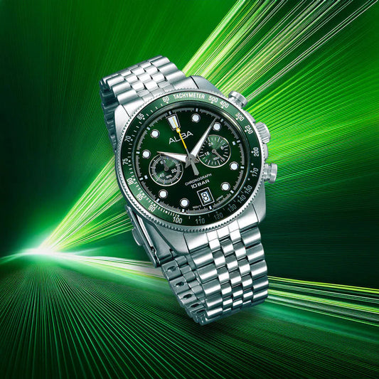 Alba A4B029X1 Men's Quartz Chronograph Watch Deep Green Dial Silver Stainless Steel Bracelet