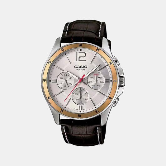 Casio A835 Enticer Quartz Analog Men’s Watch with Silver Dial, Brown Leather Strap