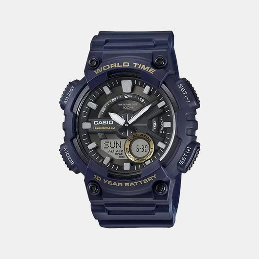 Casio AD208 Youth Series Men’s Quartz Analog-Digital Watch with Blue Accent Dial, Black Resin Strap