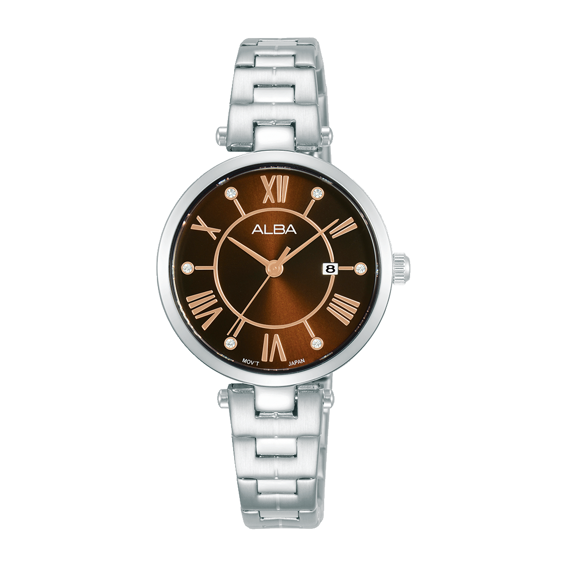 Alba AH7AN7X1 Analog Quartz Ladies’ Watch with Brown Dial & Silver Stainless Steel Strap