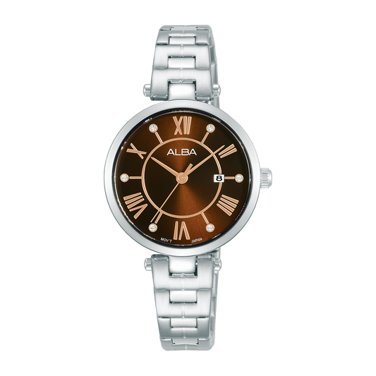Alba AH7AN7X1 Analog Quartz Ladies’ Watch with Brown Dial & Silver Stainless Steel Strap