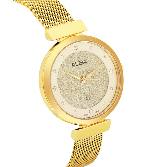 Side view of Alba AH7CA2X1 showing slim gold stainless steel mesh strap