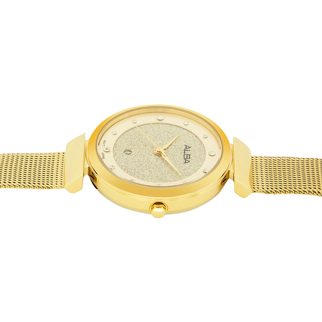 Alba AH7CA2X1 shimmer dial and gold mesh strap wristwatch close-up