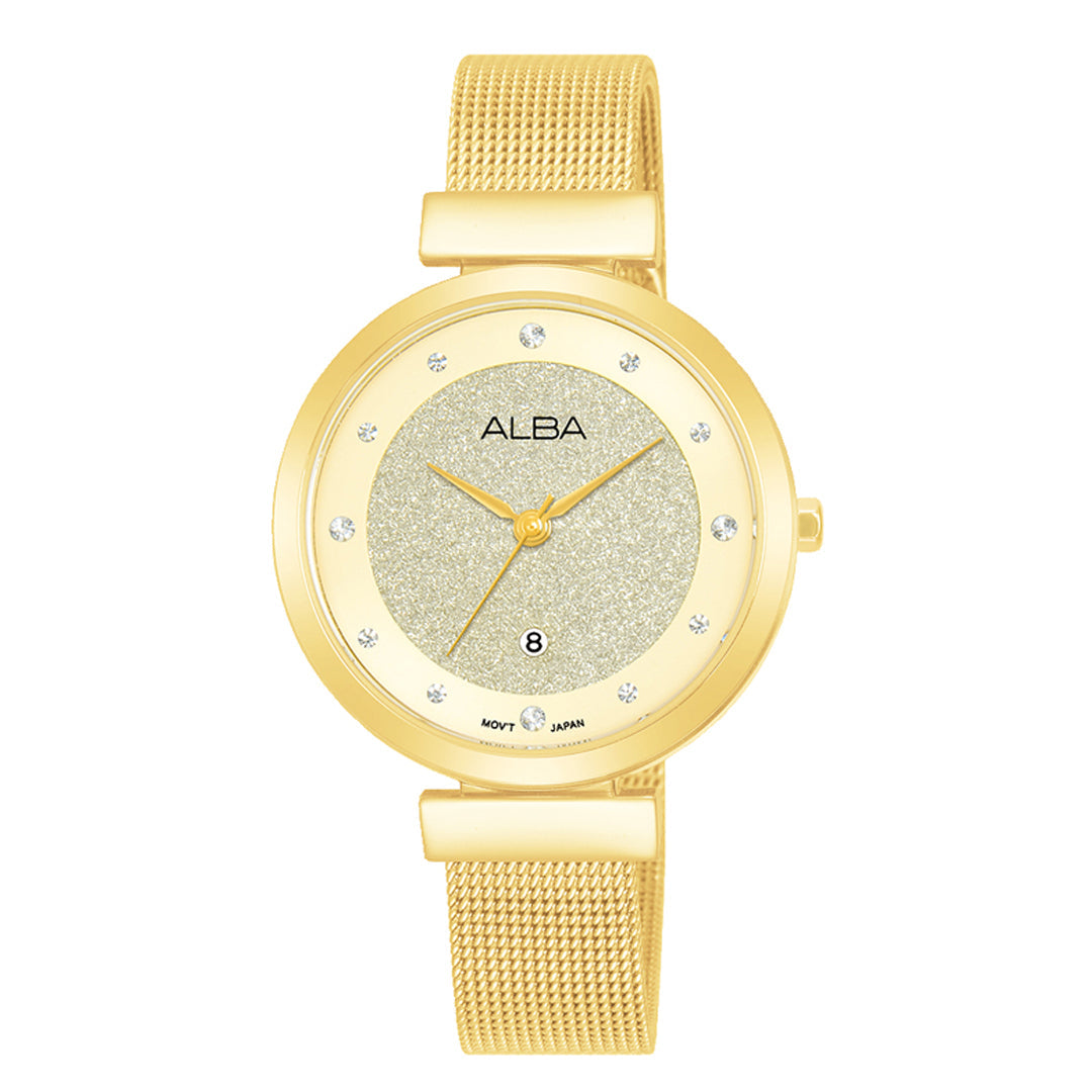 Alba AH7CA2X1 women’s watch with silver shimmer dial and gold mesh bracelet