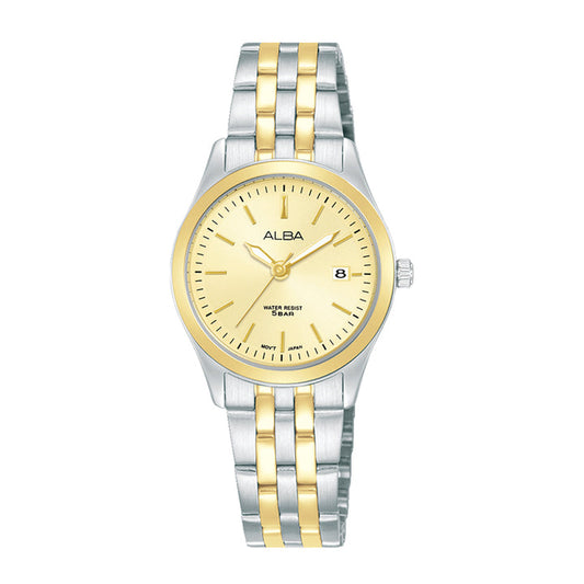 Alba AH7CE8X1 Analog Quartz Ladies’ Watch with Light Champagne Dial & Two-Tone Stainless Steel Strap