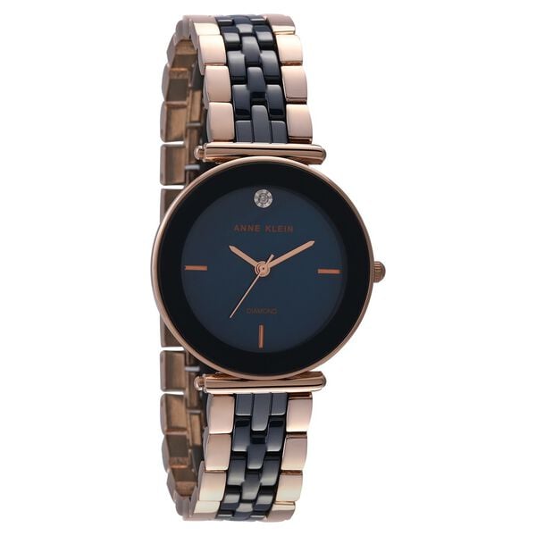 Anne Klein NDAK3158NVRG Analog Quartz Ladies’ Watch with Blue Dial & Black & Rose-Gold Ceramic Strap