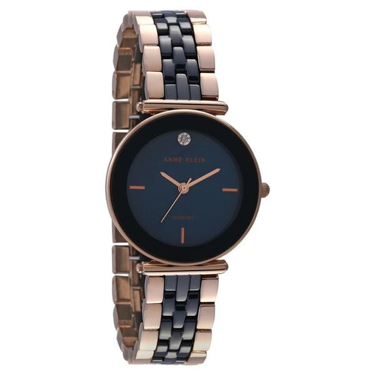 Anne Klein NDAK3158NVRG Analog Quartz Ladies’ Watch with Blue Dial & Black & Rose-Gold Ceramic Strap