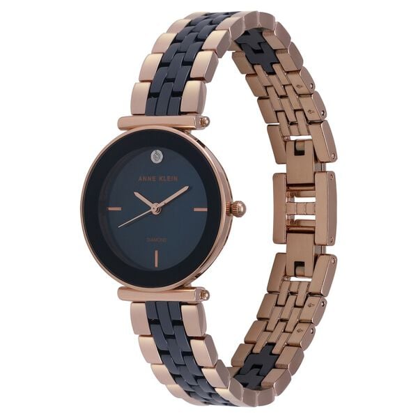 Anne Klein NDAK3158NVRG Analog Quartz Ladies’ Watch with Blue Dial & Black & Rose-Gold Ceramic Strap