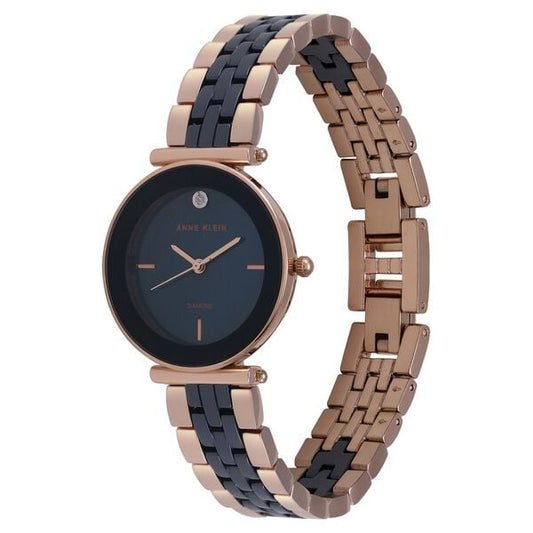Anne Klein NDAK3158NVRG Analog Quartz Ladies’ Watch with Blue Dial & Black & Rose-Gold Ceramic Strap