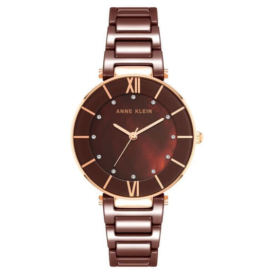 Anne Klein AK3266BNRG Analog Quartz Ladies’ Watch with Brown Dial & Rose-Gold Ceramic Strap