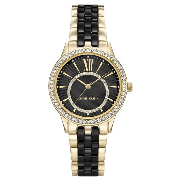 Anne Klein NEAK3672BKGB Analog Quartz Ladies’ Watch with Black Dial & Black & Gold Ceramic Strap