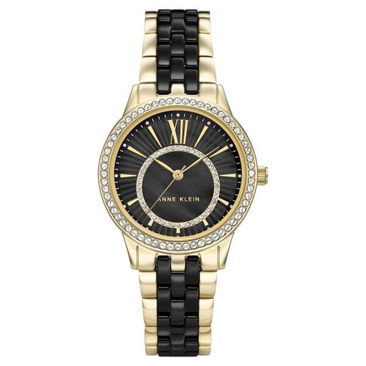 Anne Klein NEAK3672BKGB Analog Quartz Ladies’ Watch with Black Dial & Black & Gold Ceramic Strap