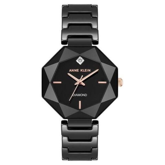 Anne Klein AK5064BKBK Women’s Quartz Analog Watch with Black Octagonal Dial & Black Ceramic Strap