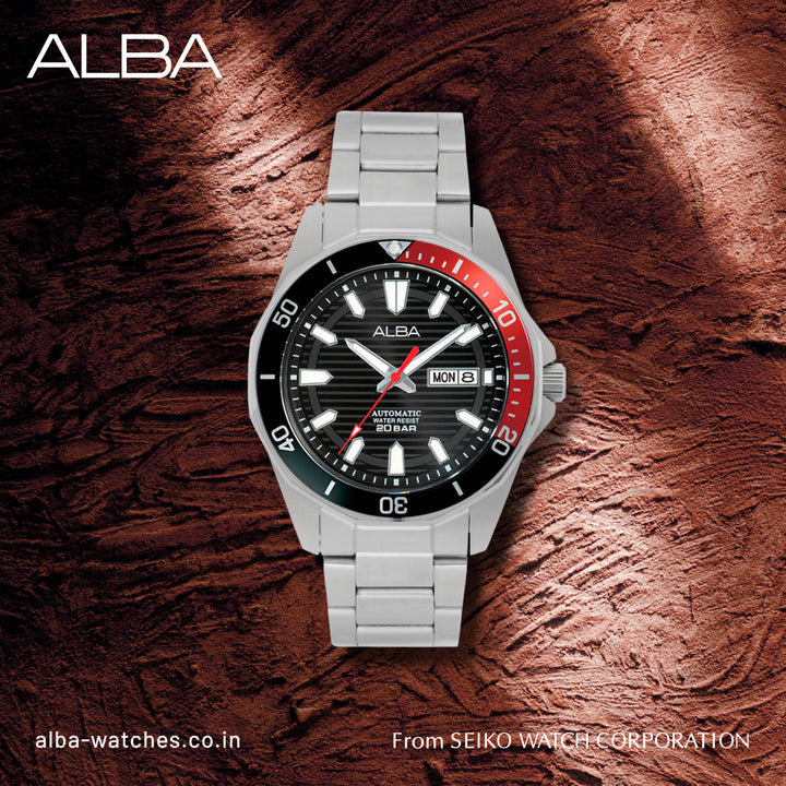 Alba AL4457X1 Analog Automatic Men’s Watch with Black Patterned Dial & Silver Stainless Steel Strap