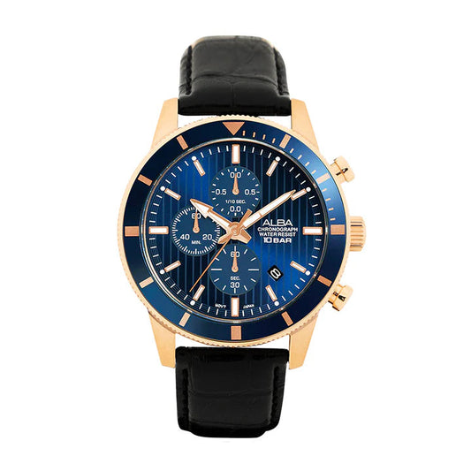 Alba AM3960X1 Men’s Chronograph Watch with Blue Patterned Dial & Genuine Leather Strap