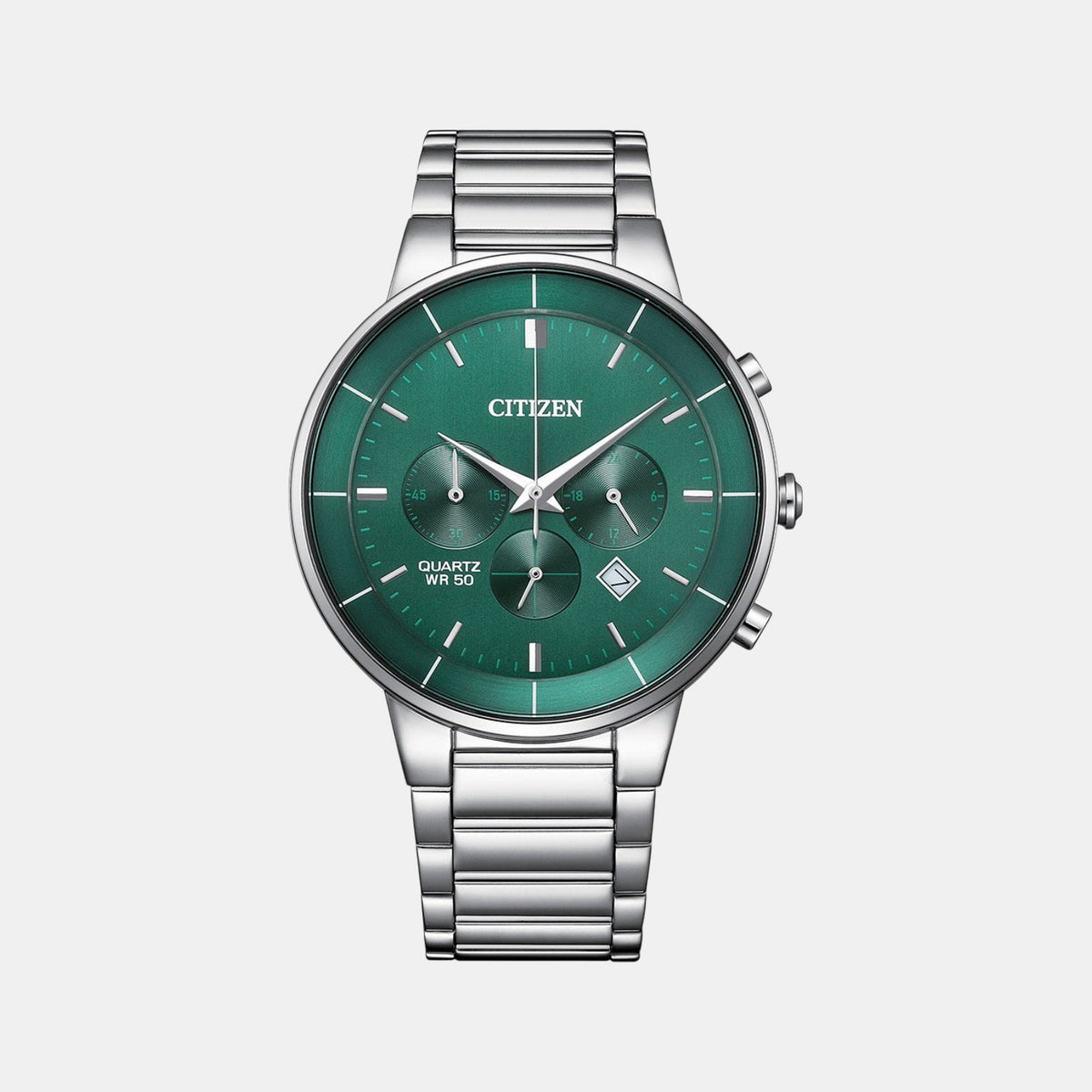 Citizen AN8220-52X Analog Quartz Men’s Chronograph Watch | Green Dial | Silver Stainless Steel Bracelet | 42 mm | 50 m Water Resistant