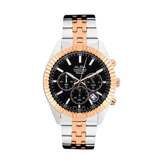 Alba AT3H12X1 Men’s Chronograph Watch with Black Dial & Two-Tone Stainless Steel Bracelet