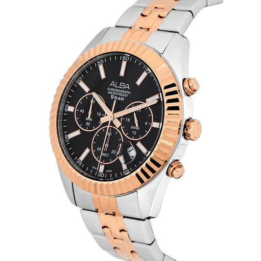 Alba AT3H12X1 Men’s Chronograph Watch with Black Dial & Two-Tone Stainless Steel Bracelet