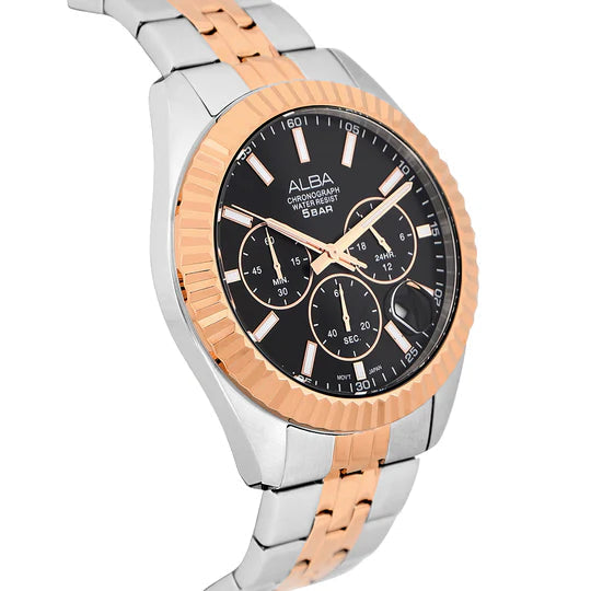 Alba AT3H12X1 Men’s Chronograph Watch with Black Dial & Two-Tone Stainless Steel Bracelet