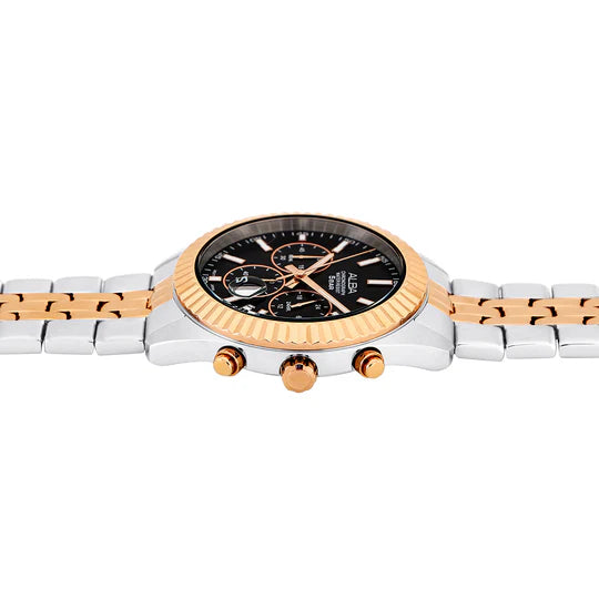 Alba AT3H12X1 Men’s Chronograph Watch with Black Dial & Two-Tone Stainless Steel Bracelet