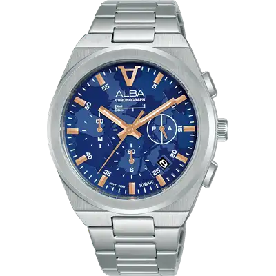 Alba AT3H53X1 Analog Quartz Men’s Chronograph Watch with Blue Patterned Dial & Stainless Steel Strap