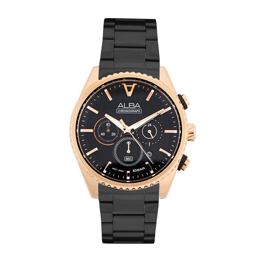 Alba AT3H80X1 Analog Quartz Men’s Chronograph Watch with Black & Gold Dial & Stainless Steel Strap