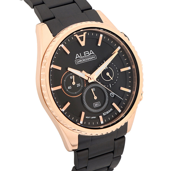 Alba AT3H80X1 Analog Quartz Men’s Chronograph Watch with Black & Gold Dial & Stainless Steel Strap