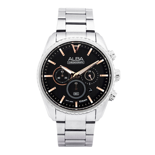 Alba AT3H81X1 Men’s Chronograph Watch with Jet Black Dial & Silver Stainless Steel Strap