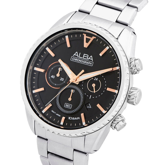 Alba AT3H81X1 Men’s Chronograph Watch with Jet Black Dial & Silver Stainless Steel Strap