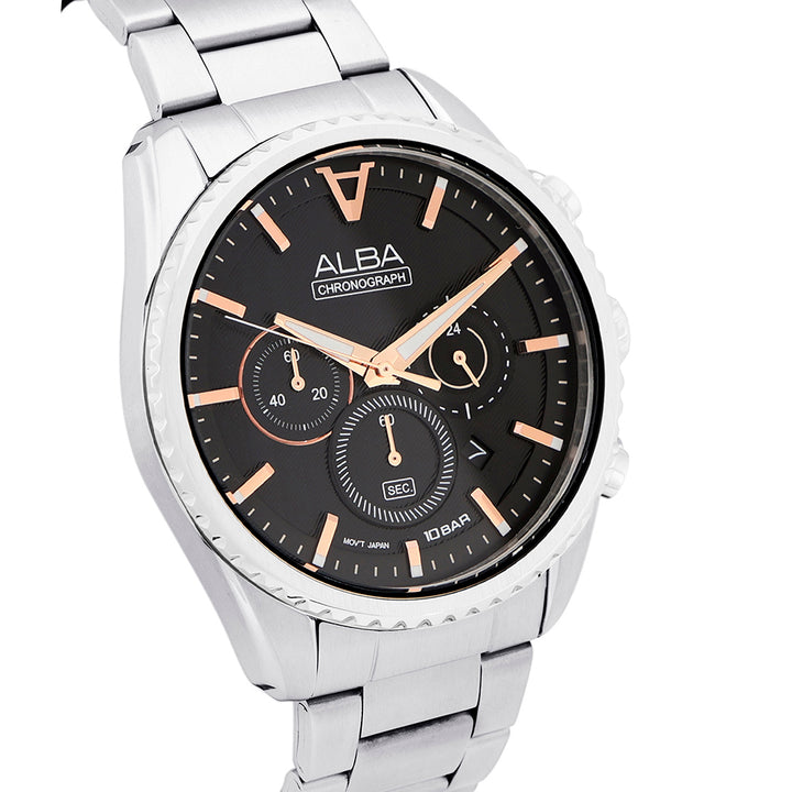 Alba AT3H81X1 Men’s Chronograph Watch with Jet Black Dial & Silver Stainless Steel Strap