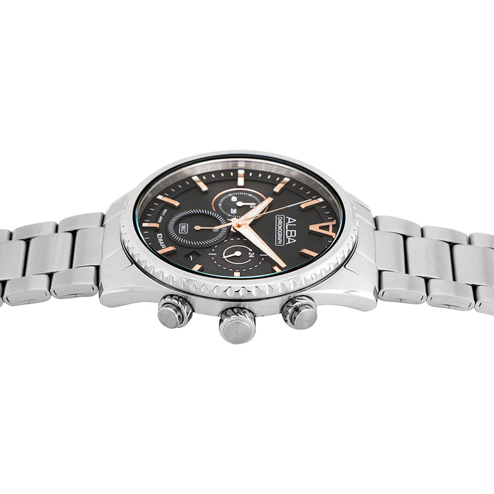 Alba AT3H81X1 Men’s Chronograph Watch with Jet Black Dial & Silver Stainless Steel Strap