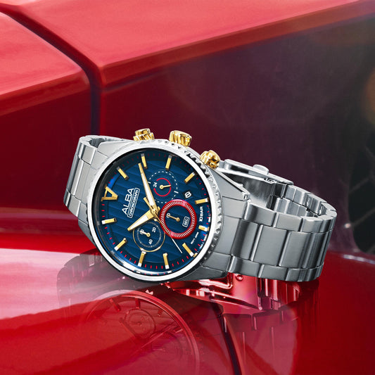 Alba AT3H97X1 Analog Quartz Men’s Chronograph Watch with Blue Patterned Dial & Stainless Steel Strap