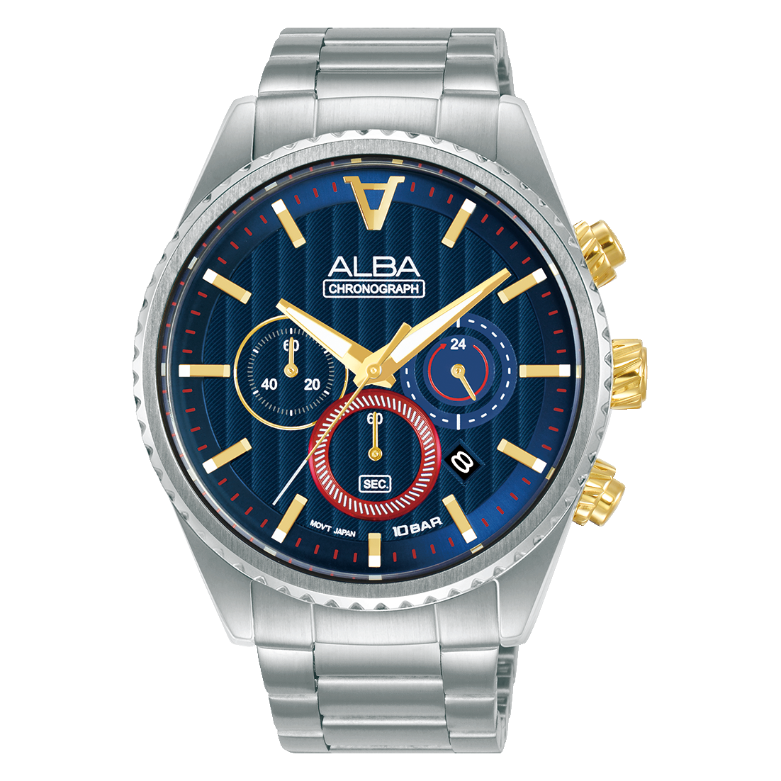Alba AT3H97X1 Analog Quartz Men’s Chronograph Watch with Blue Patterned Dial & Stainless Steel Strap