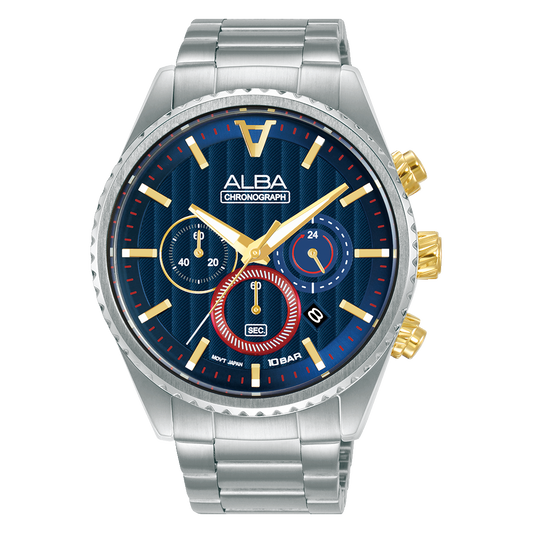 Alba AT3H97X1 Analog Quartz Men’s Chronograph Watch with Blue Patterned Dial & Stainless Steel Strap