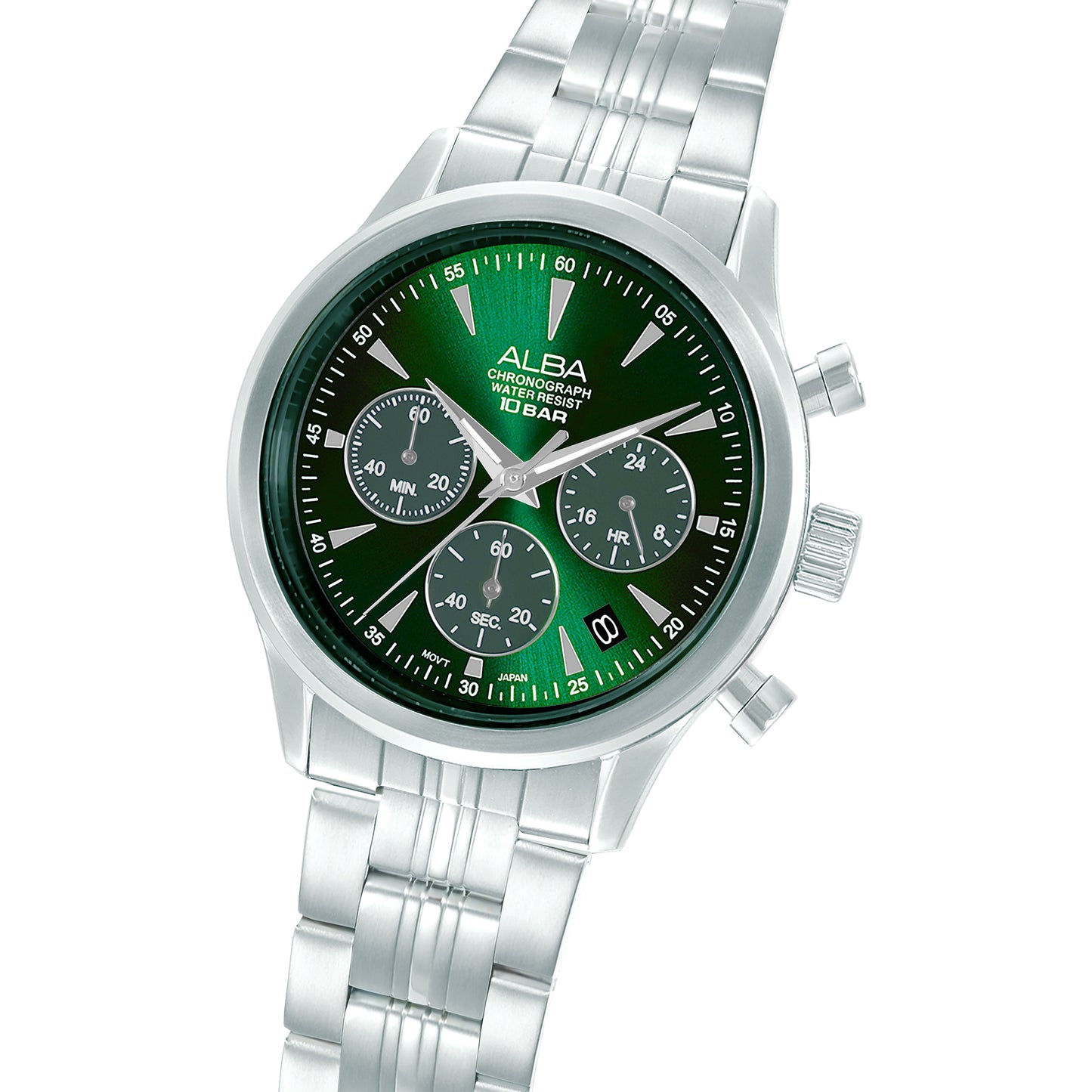 Alba AT3K49X1 Men’s Prestige Chronograph Watch with Green Dial & Silver Stainless-Steel strap