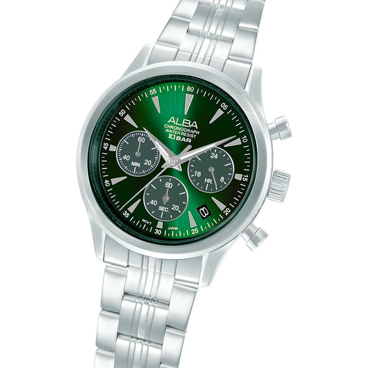 Alba AT3K49X1 Men’s Prestige Chronograph Watch with Green Dial & Silver Stainless-Steel strap
