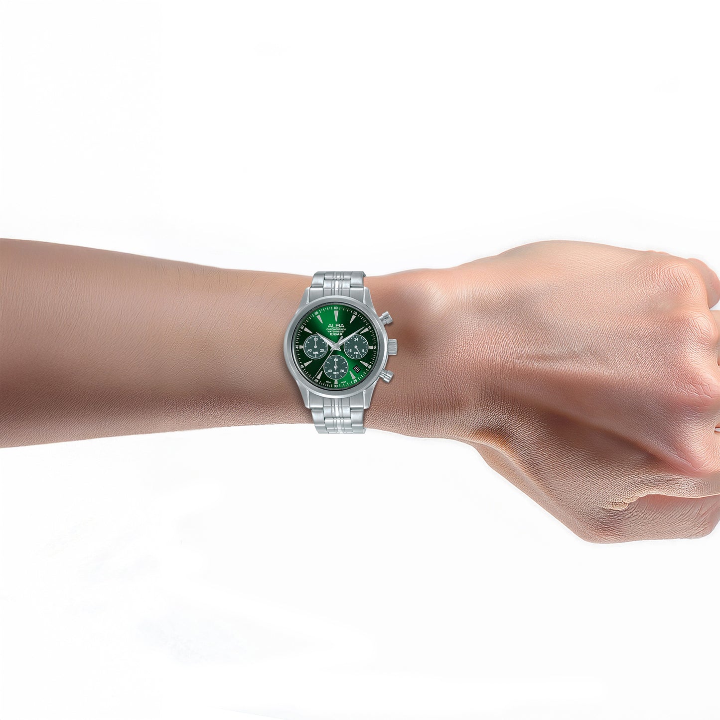 Alba AT3K49X1 Men’s Prestige Chronograph Watch with Green Dial & Silver Stainless-Steel strap