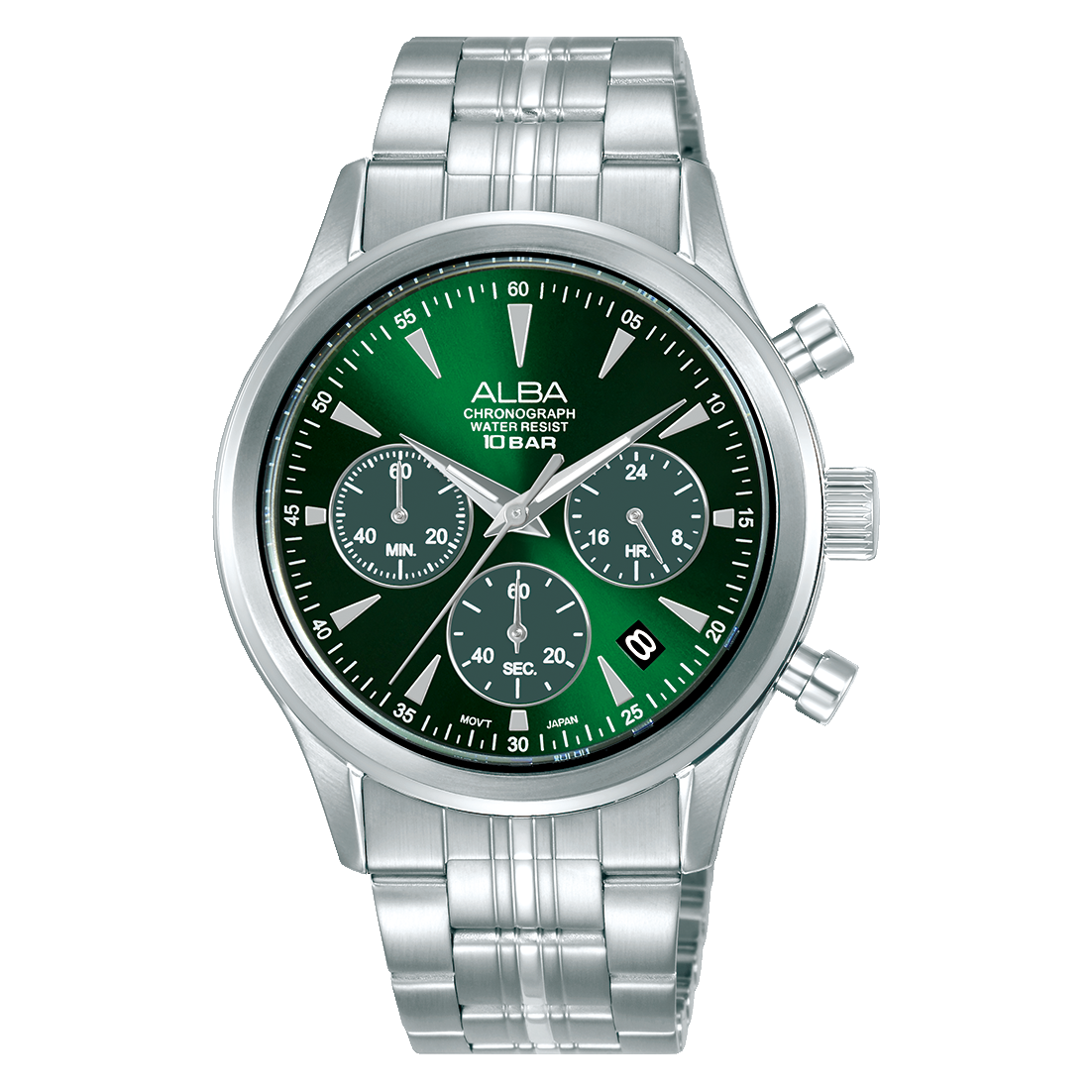 Alba AT3K49X1 Men’s Prestige Chronograph Watch with Green Dial & Silver Stainless-Steel strap