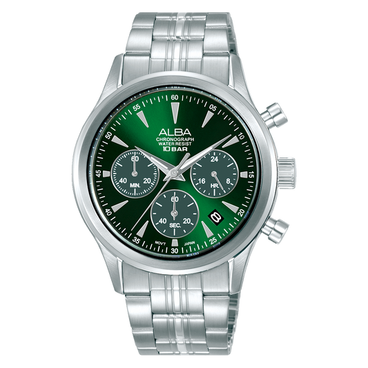 Alba AT3K49X1 Men’s Prestige Chronograph Watch with Green Dial & Silver Stainless-Steel strap