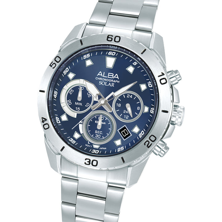 Alba AZ5013X1 Men’s Solar Chronograph Watch with Blue Dial & Silver Stainless-Steel strap
