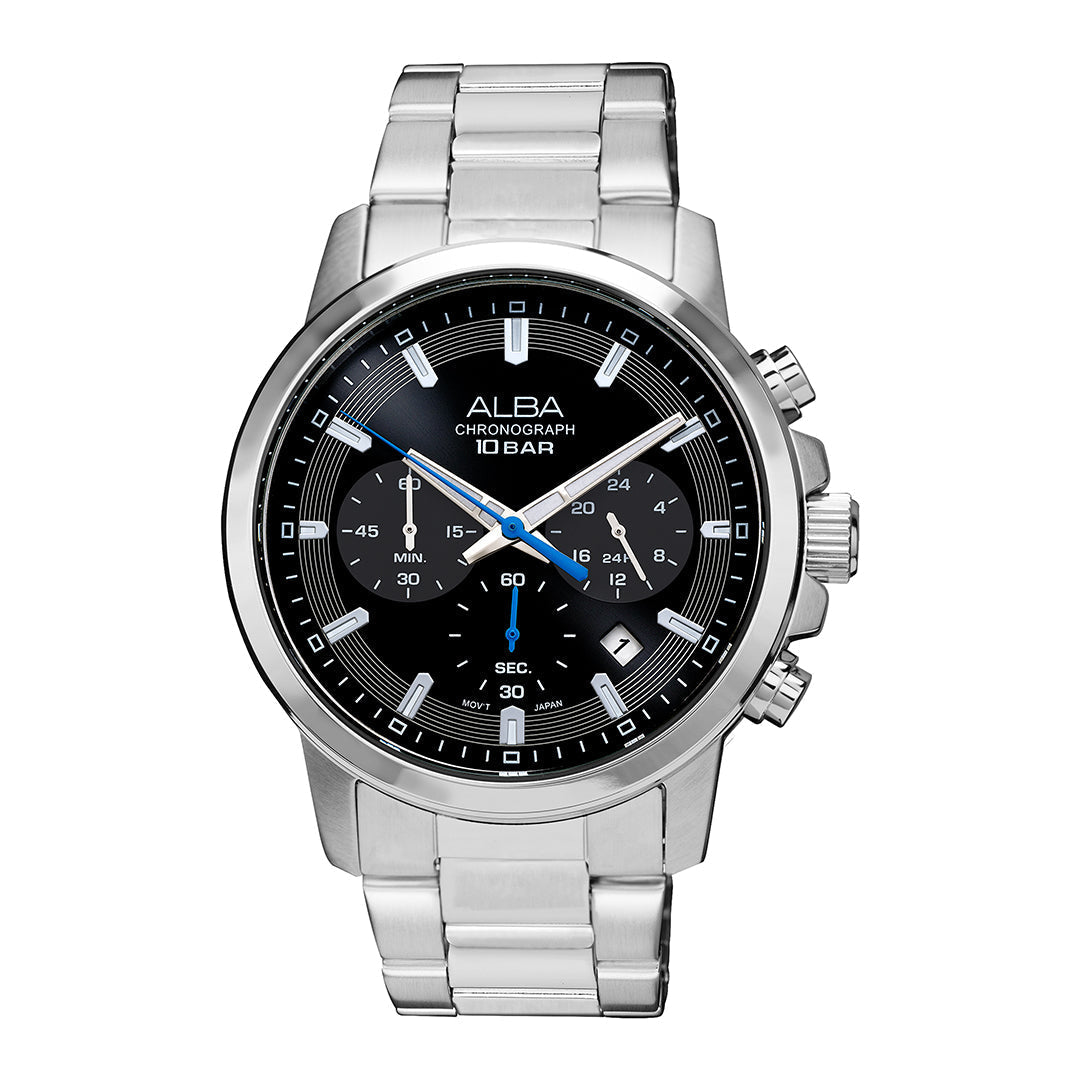 Alba AT3J57X1 men’s stainless steel chronograph watch with charcoal black analog dial