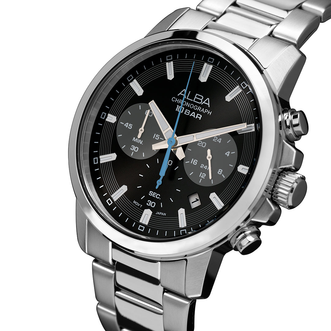 Alba AT3J57X1 Mens Black Dial Chronograph Stainless Steel Watch