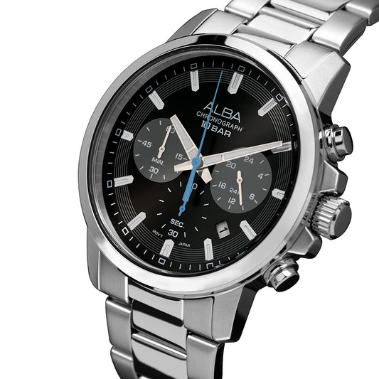 Alba AT3J57X1 Mens Black Dial Chronograph Stainless Steel Watch