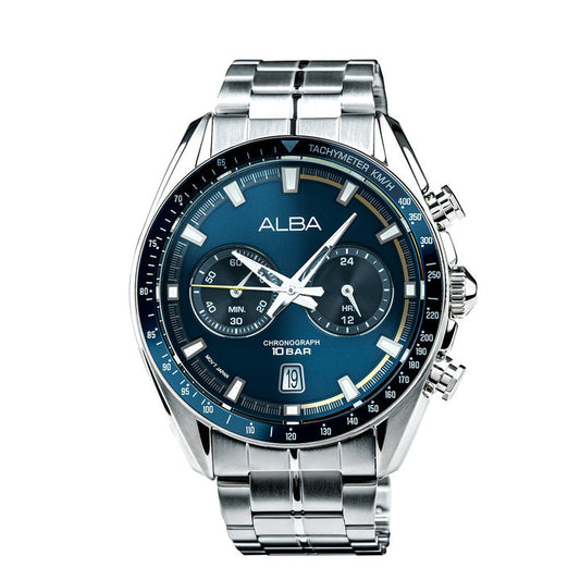 Alba A4B017X1 Men’s Chronograph Watch with Navy Blue Dial & Silver Stainless-Steel Strap