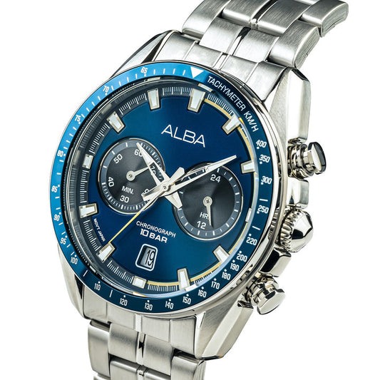 Alba A4B017X1 Men’s Chronograph Watch with Navy Blue Dial & Silver Stainless-Steel Strap