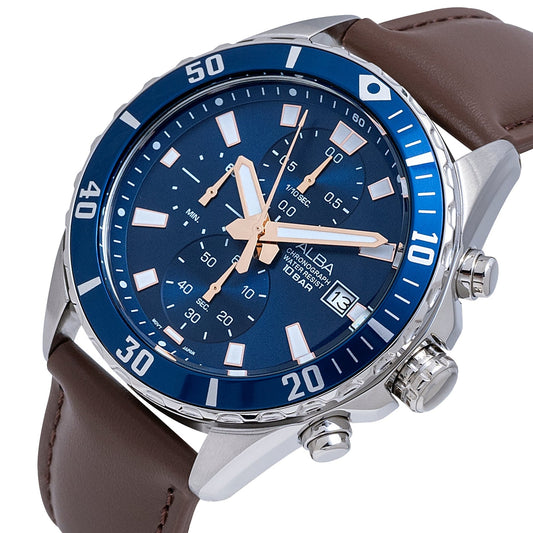 Blue chronograph dial close up