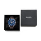 Alba watch with blue face and brown strap in a black box on a white background